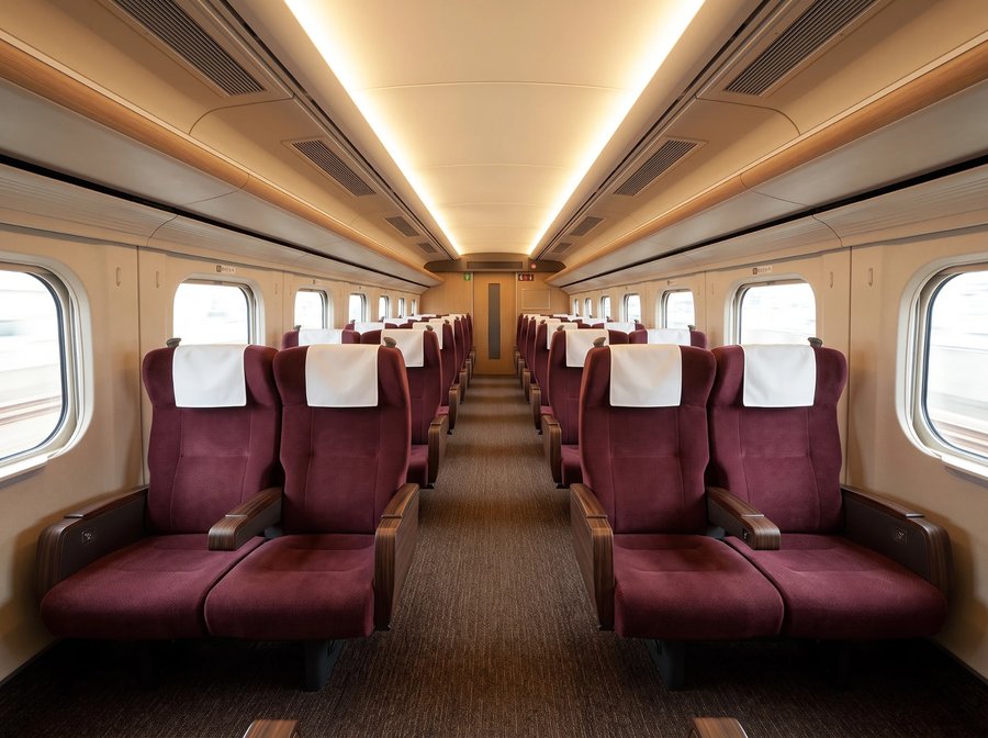 Green Car interior with wider 2-2 seating in burgundy upholstery
