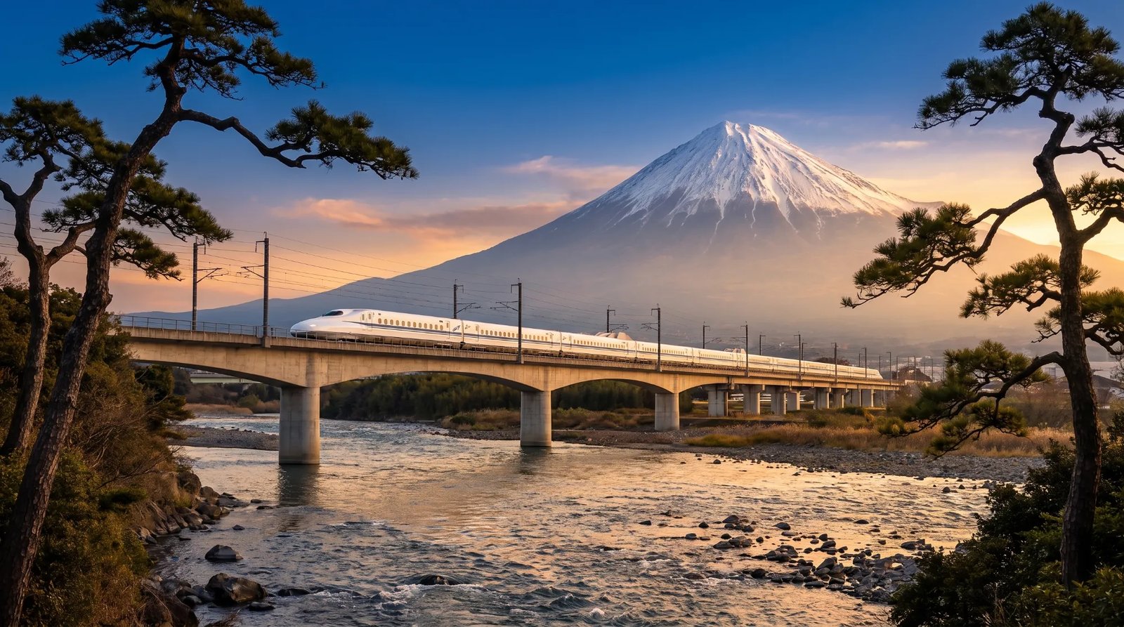 Nozomi Shinkansen bullet train crossing a bridge with Mt. Fuji behind it