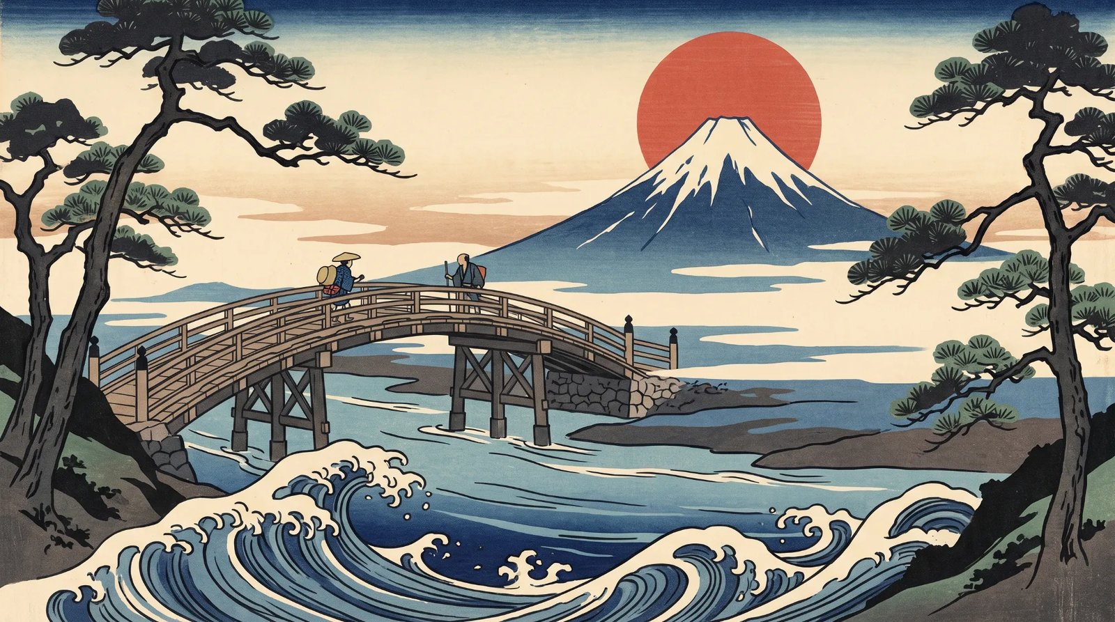 Ukiyo-e style woodblock print of the old Tōkaidō road with Mt. Fuji in the background