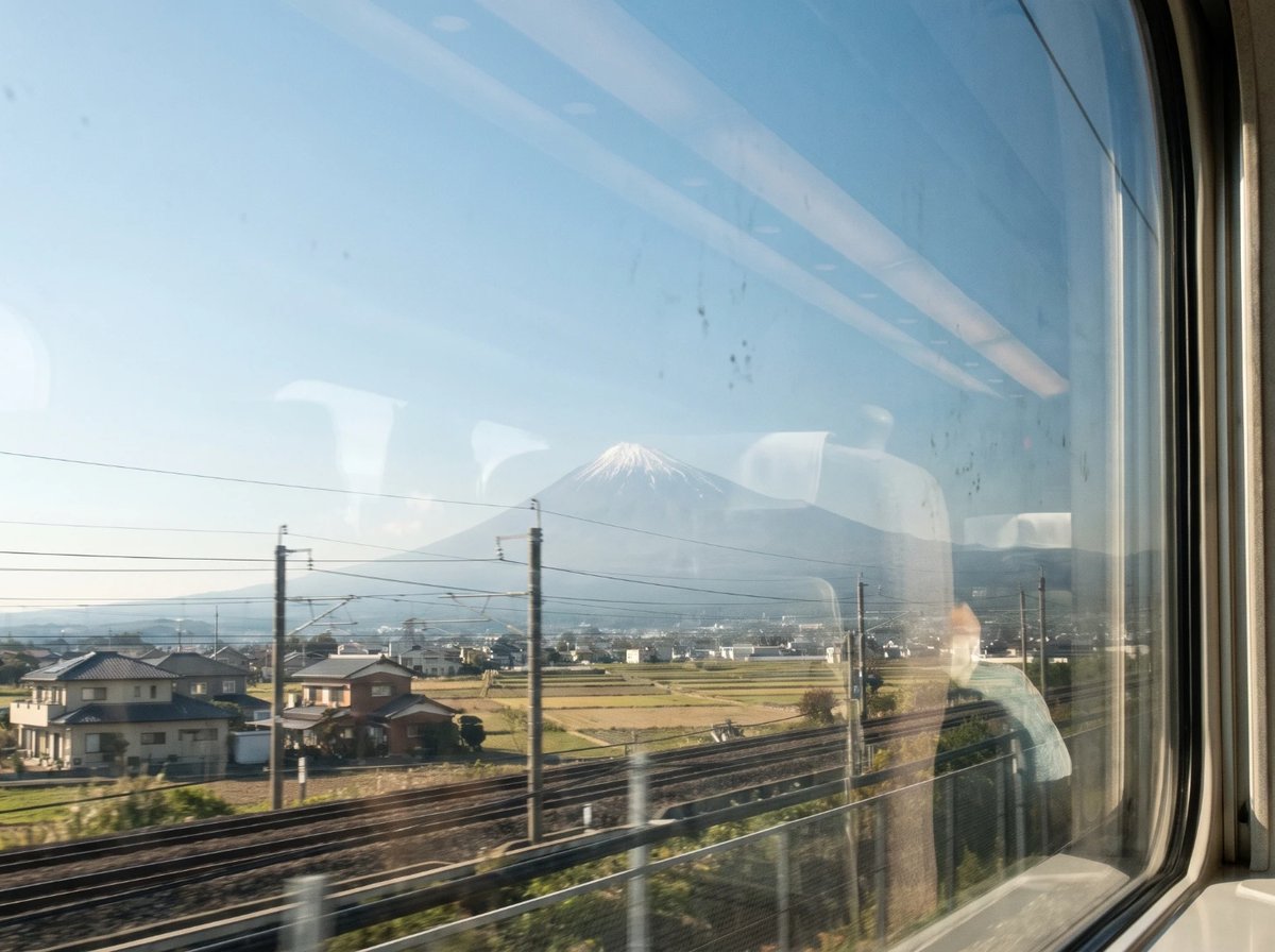 Mt. Fuji as seen from a Shinkansen window seat