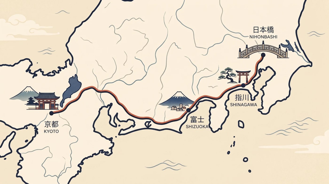 Map of the historic Tōkaidō road stations — Nihonbashi, Shinagawa, Fuji, Kyoto — alongside the modern Tōkaidō Shinkansen route